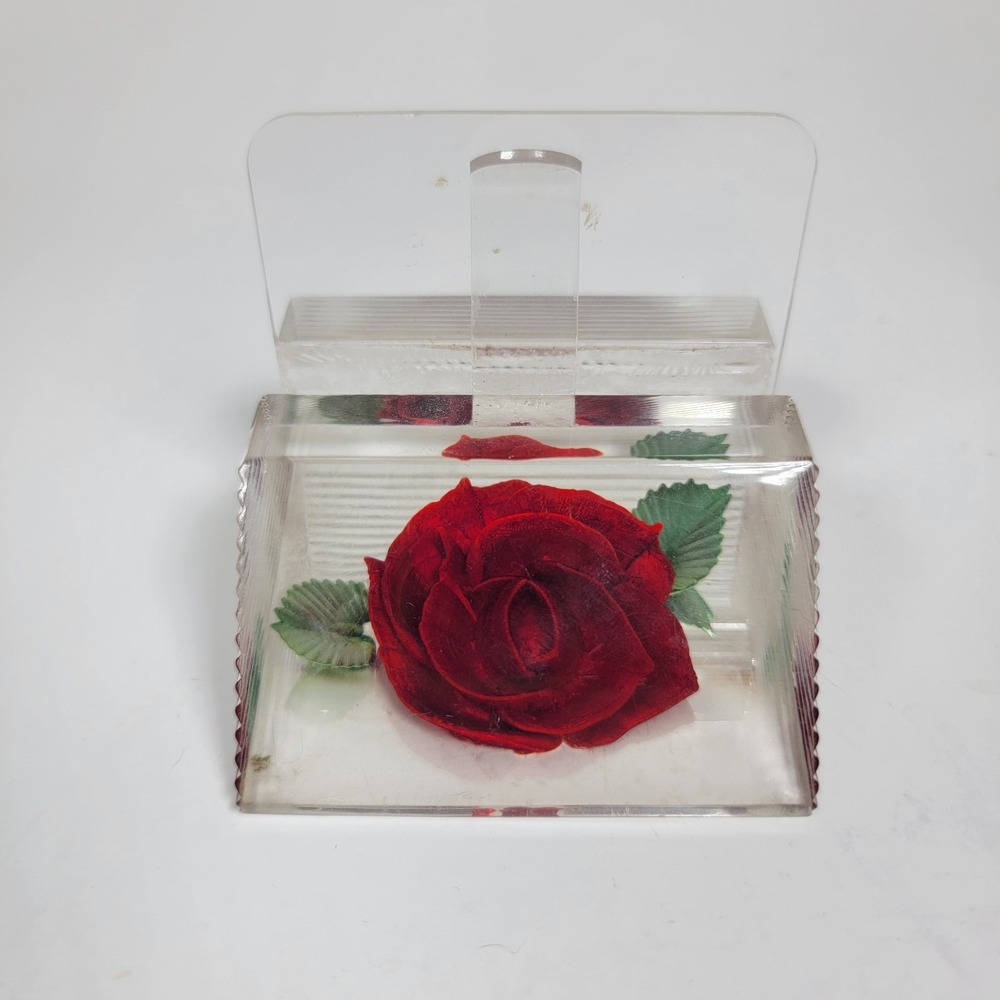 BIRCRAFT  red Rose Acrylic Lucite Business Card Holder Vintage 1950s